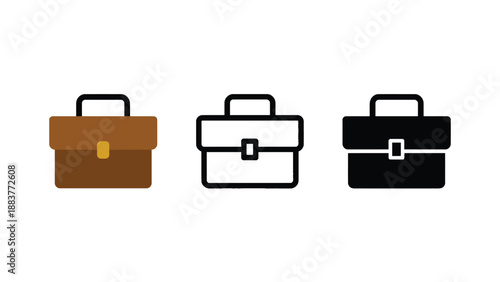 Three different briefcase icons in brown, black, and white on a plain background