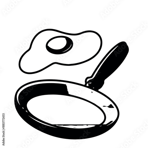 vector A simple outline illustration shows a classic frying pan accompanied by a single sunny-side-up egg, ready for breakfast preparation.