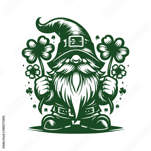 Green Leprechaun Gnome Holding Clovers