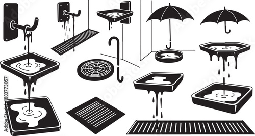 Black and white illustration of various dripping water objects