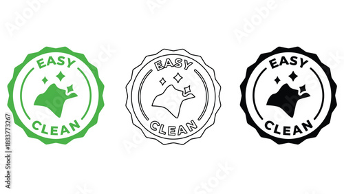 Three easy clean badges in green, black and white on a white background