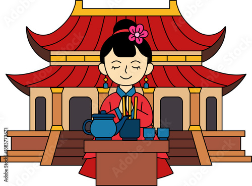 A woman in traditional dress is performing a worship ceremony in front of a temple