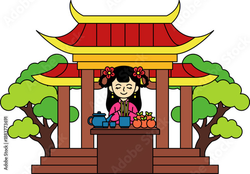 A woman in traditional dress is performing a worship ceremony