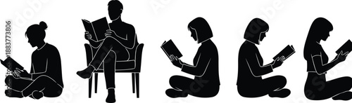 Black and white vector silhouette set of diverse people reading books in various sitting positions including chairs and floor isolated on white background