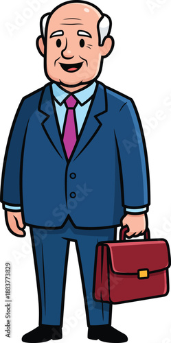 Smiling elderly businessman cartoon character in a blue suit holding a red briefcase.