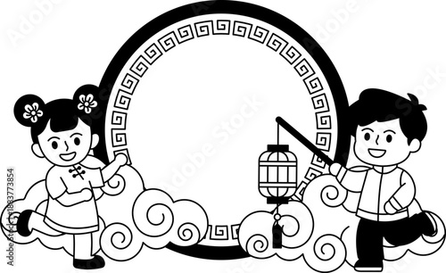 Black and white illustration of A boy and a girl are holding lanterns and standing in front of a circle