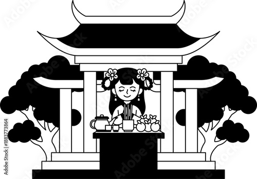 Black and white illustration of A woman in traditional dress is performing a worship ceremony