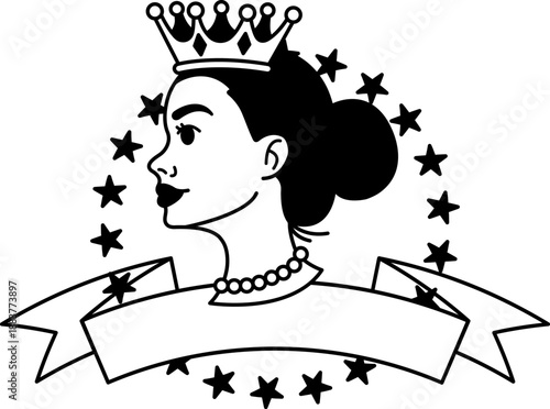 Black and white illustration of A woman with a crown logo