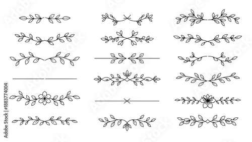 Collection of black and white botanical ornamental dividers with leaves and flowers in various styles