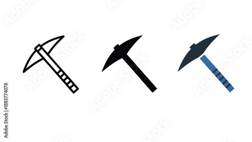 Three pickaxes with different handles on a white background