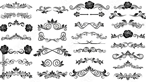 Collection of 25 black ornamental floral border designs with roses and swirls