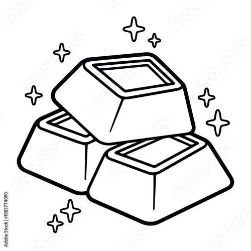 vector A stylized black and white illustration depicts a stack of three shining gold bars or ingots, with sparkling star elements indicating their valuable and precious nature.