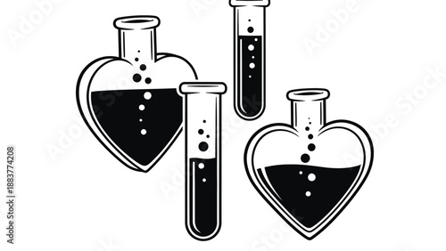 A black and white illustration of heart-shaped beakers and test tubes filled with liquid
