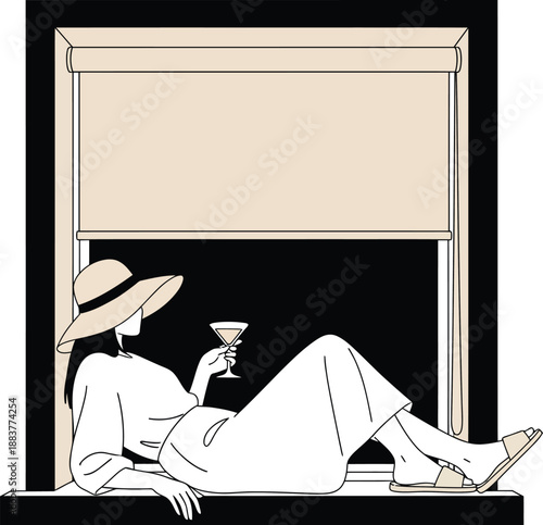 Stylish woman in a widebrimmed hat and white dress reclining on a windowsill while holding a coupe glass.