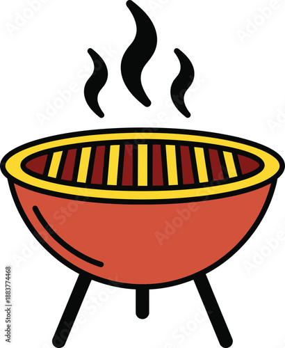 Vibrant red cartoon barbecue grill with a yellow rim steaming hot on three black legs.