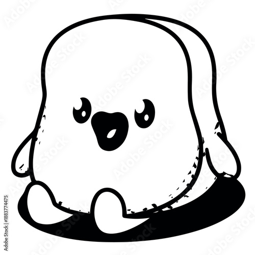 vector An endearing and squat cartoon blob character with large, innocent eyes and small limbs is depicted sitting contentedly on a flat surface.