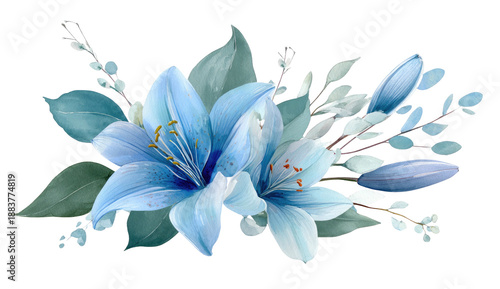Delicate watercolor arrangement of blue lilies, green leaves, and buds on a black background