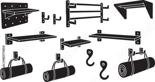 Variety of wall mounted storage solutions and hooks displayed