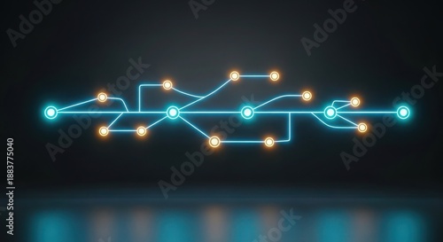 A glowing blue network diagram with orange nodes on a dark background