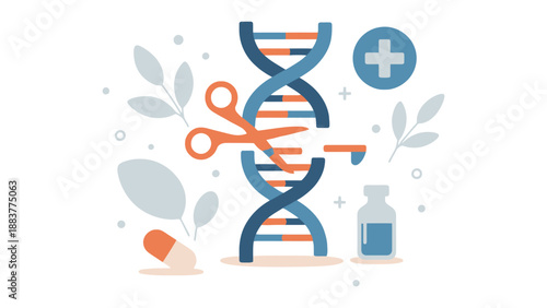 Genetic engineering concept with DNA, scissors, and medical symbols around it