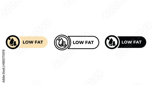 Three low fat labels with different design styles on a white background