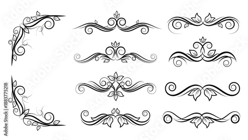 Collection of ornate black floral and scroll corner and divider designs with leaves and swirls