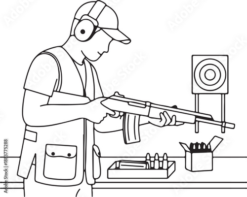 Line art illustration of a man at a shooting range, wearing ear protection and cap, holding a rifle or firearm, with targets and ammunition ready for sport shooting or practice