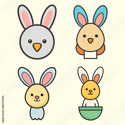 Cute cartoon bunny faces and upper bodies in different colors and styles