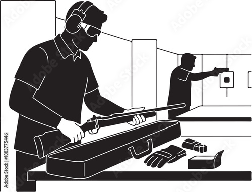 Men at a shooting range practicing with a rifle and pistol, wearing safety gear for target practice and firearm training. Vector illustration of a sport or hobby activity