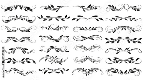 Collection of 24 black and white ornate ornamental swirl divider designs with leaves
