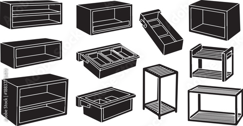 Various 3D shelf designs and configurations in black and white