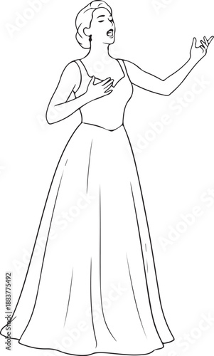 Opera Singer Performing in Elegant Gown, Female Vocalist or Soprano on Stage, Classical Music Performance Line Art Illustration