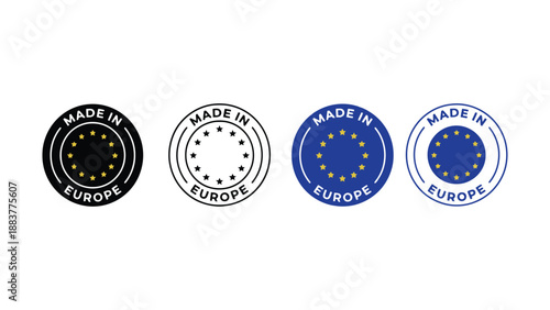 Four blue Made in Europe stamps on a white background