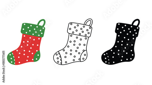 Three colorful Christmas stockings with white polka dots on a white background