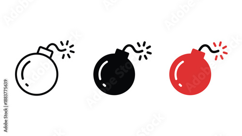 A set of colorful bomb icons in different stages of explosion on white background