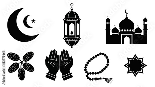 Collection of Islamic symbols including moon, star, lantern, mosque, hands, prayer beads, and floral motifs