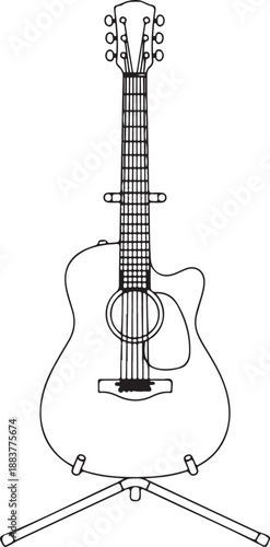 Simple line art drawing of an acoustic guitar, also known as a folk or string instrument, with a capo on its neck, standing on a white background using a guitar stand