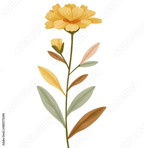 Digitally rendered floral illustration depicting a yellow bloom with detailed leaves