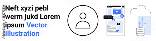 Digital communication, user management, cloud computing, data storage, identity, connectivity. Profile icon with mobile app interface and cloud-upload visuals. Digital communication and user