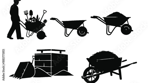 A collection of black silhouettes depicting various gardening and construction tools and equipment