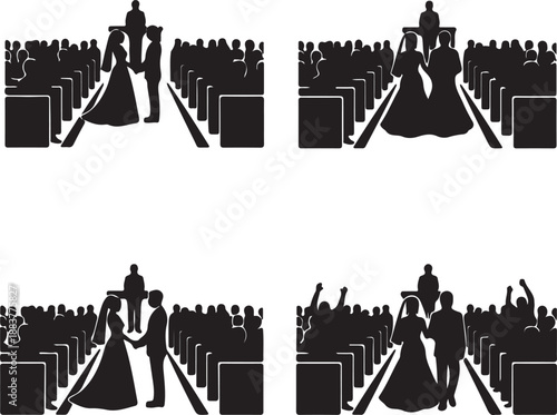 Wedding Ceremony Stages Silhouette Icons of Bride's Entrance, Vows, and Recessional, Illustrating the Marriage Process