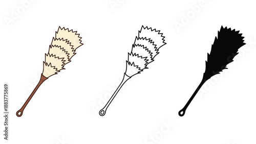 A set of three feather whips in different colors and styles on white background