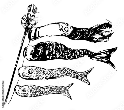 こいのぼりの墨絵イラスト