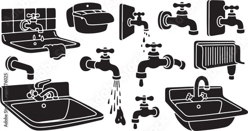 Black and white bathroom fixtures and plumbing icons set