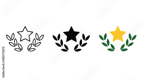 Three star icons with laurel wreaths in different colors and styles