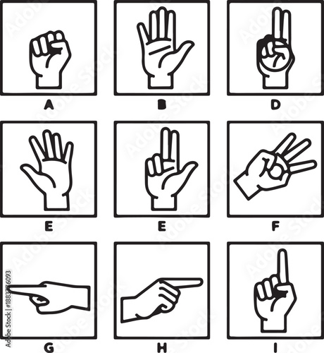 Collection of hand gestures and sign language symbols for communication, alphabet letters, and counting numbers, isolated on white background