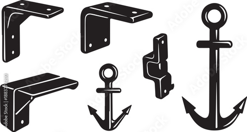 Black and white nautical anchor bracket icons set