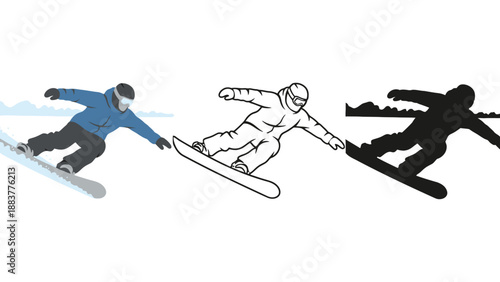 An illustration of a snowboarder in different stages of color completion