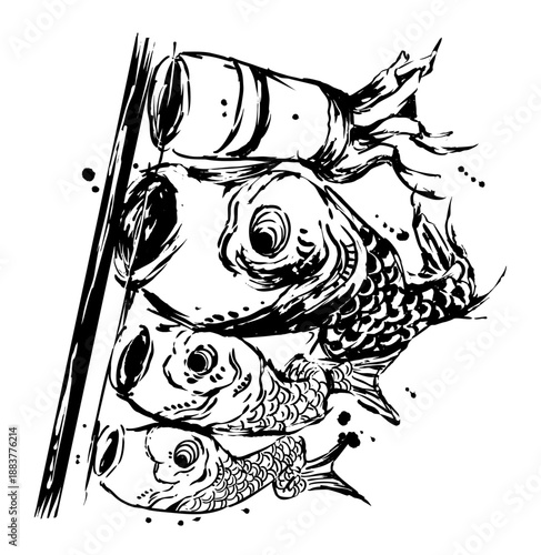 こいのぼりの墨絵イラスト