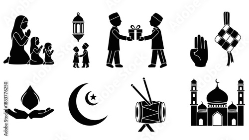 Black silhouettes depicting prayer, gift exchange, lantern, playlist, and mosque themes